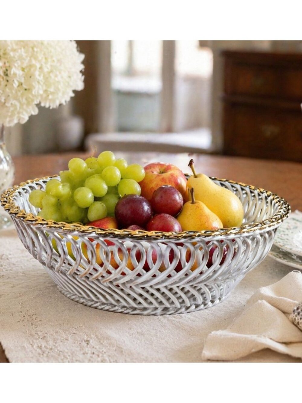 Vintage White Lattice Porcelain Fruit Bowl Gold Rim Basket French Country Center